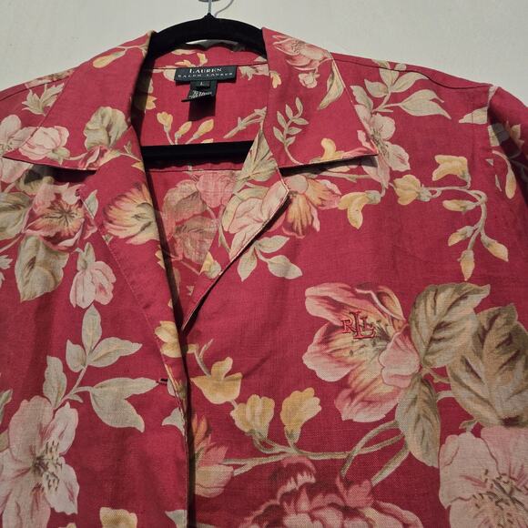 Lauren Ralph Lauren 100% Linen Floral Camp Shirt Womens LG Red Tan Boho Chintz - Picture 2 of 8